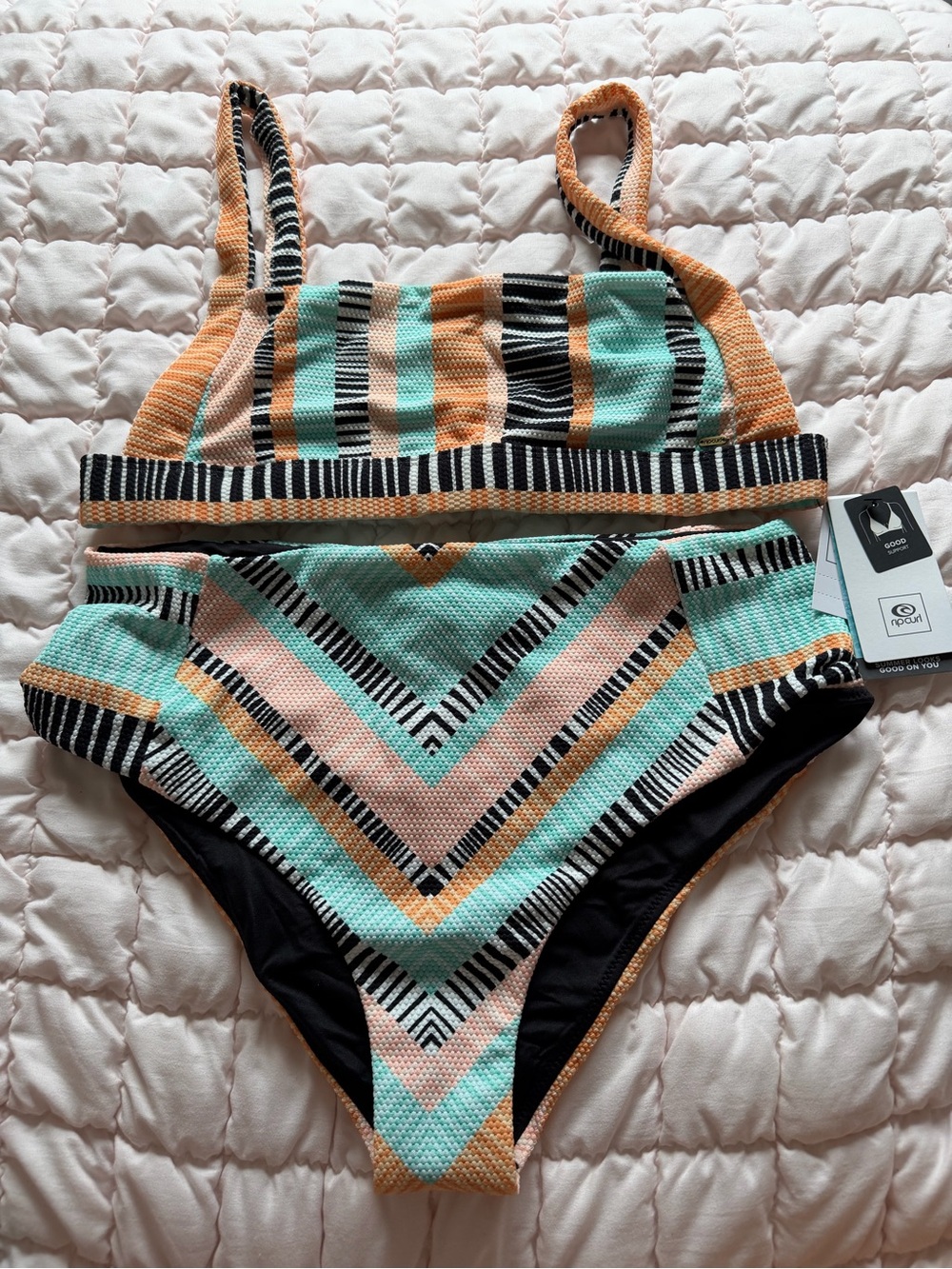 Ripcurl Mint, Peach & Black Striped Two-Piece Swim Set